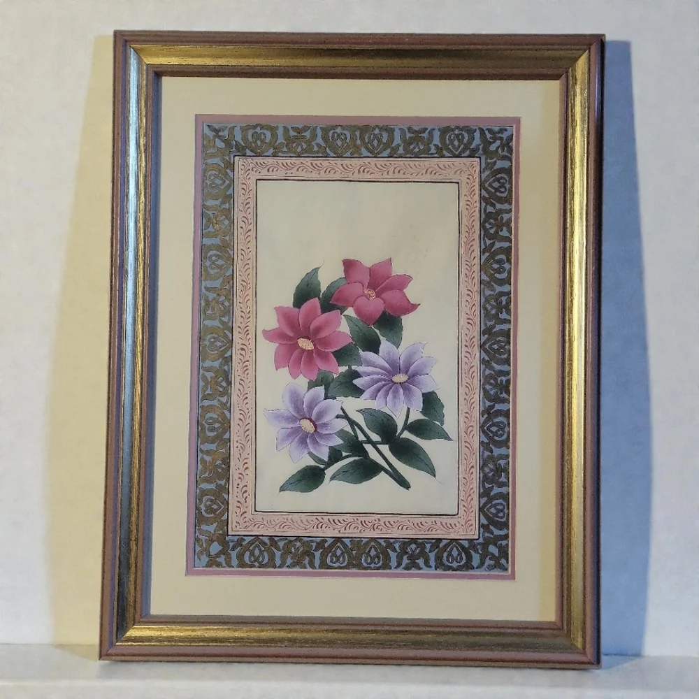 Vtg Indian Miniature Art Rajasthani Mughal Style Floral Motif Framed Zamani
